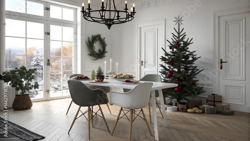 Scandinavian Christmas dining room with square white ash table and elegant holiday styling for New England homes