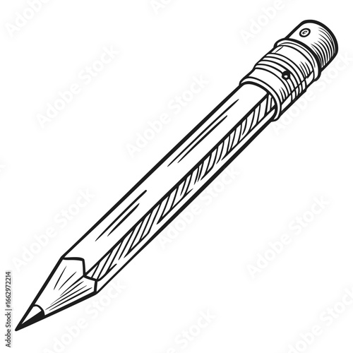 A classic graphite pencil with a sharpened point and an eraser at the top rendered in a black and white sketch style