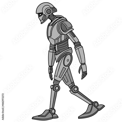 A detailed illustration of a silver humanoid robot walking with its head slightly bowed