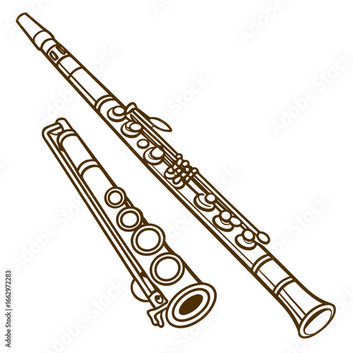 A detailed line drawing illustration of a disassembled clarinet on a white background