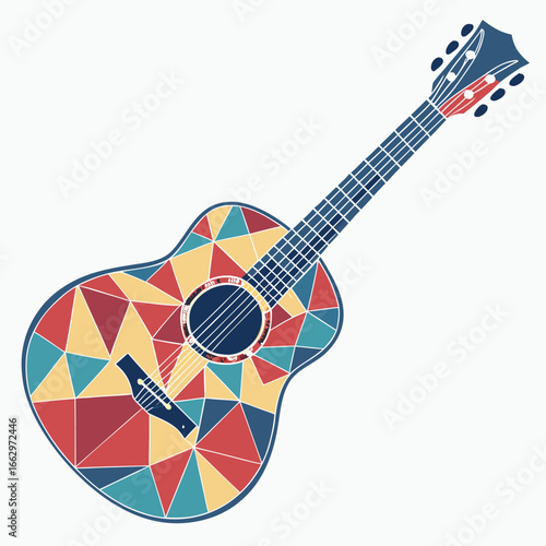 Acoustic guitar with a vibrant geometric mosaic pattern in red yellow and teal colors