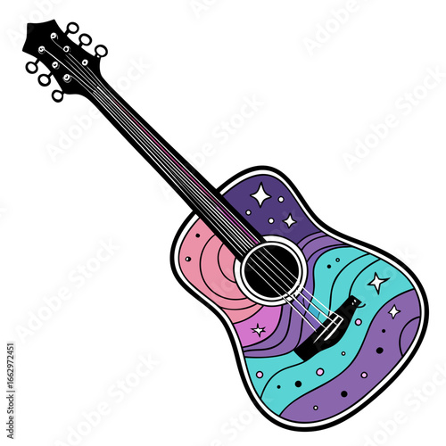 Acoustic guitar with a vibrant cosmic galaxy design featuring stars and waves in pastel colors