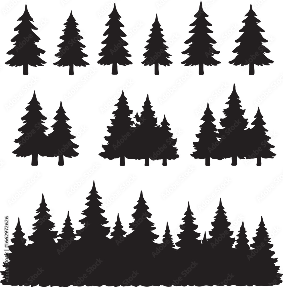 Obraz premium Set of Pine Tree and Forest Silhouette Vector Illustrations