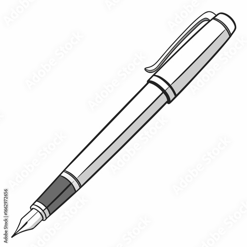 Classic silver and white fountain pen with black grip and clip isolated on white