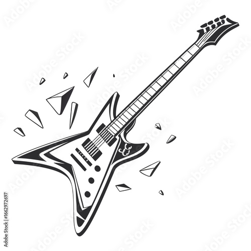 Dynamic illustration of a sharp pointed electric guitar breaking apart into geometric shards