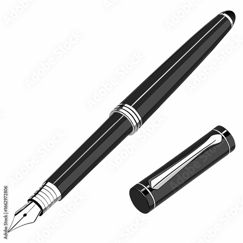 Elegant black fountain pen with silver accents and detached cap on a white background