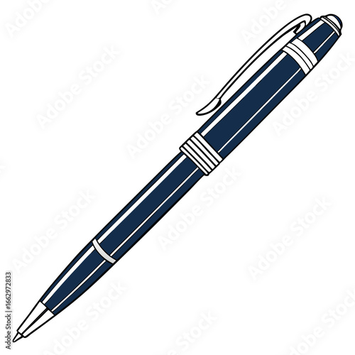 Elegant dark blue ballpoint pen with silver accents and a clip on a white background