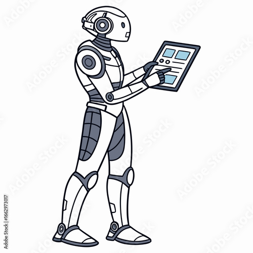 Futuristic humanoid robot interacting with a digital tablet displaying information and graphics