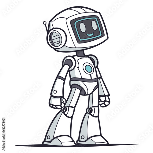 Friendly cartoon robot character with a screen for a face and a happy expression