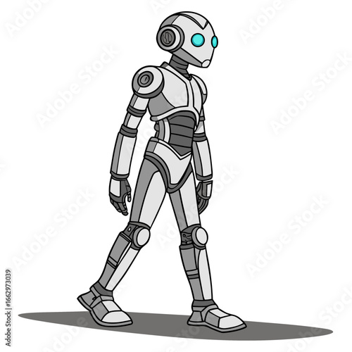 Futuristic humanoid robot with glowing blue eyes walking with a shadow on a white background