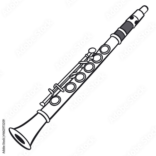 Simple black and white line drawing illustration of a musical instrument clarinet on a white background