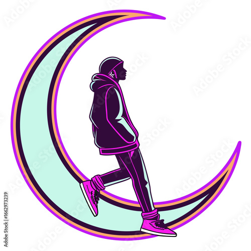 Stylish young person in a hoodie and sneakers walks across a vibrant crescent moon with neon outlines