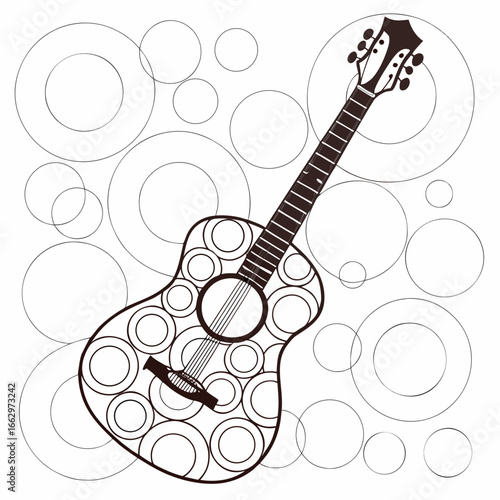 Stylized acoustic guitar with circular pattern against a background of scattered circles