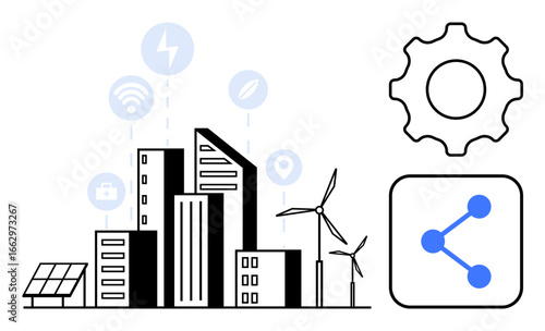 Urban buildings, wind turbines, solar panels, gear, and network icon. Ideal for sustainability, renewable energy, smart technology, urban development innovation connectivity simple landing page