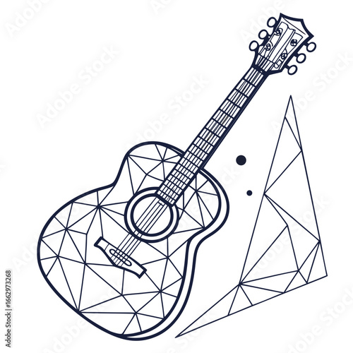 Stylized acoustic guitar with geometric pattern and abstract shapes on a white background