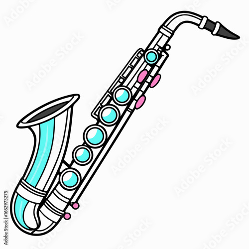 Stylized cartoon illustration of a saxophone with turquoise and pink accents on a white background