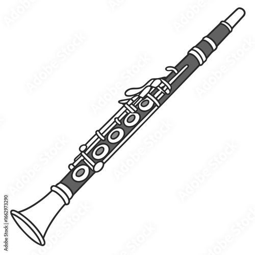 Stylized illustration of a black and white clarinet with detailed keys and a flared bell