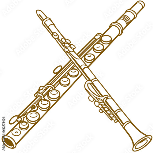 Two musical woodwind instruments a flute and a clarinet crossed in an x shape against a white background
