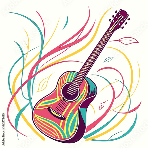 Vibrant acoustic guitar with colorful abstract swirling lines and leaves on a white background