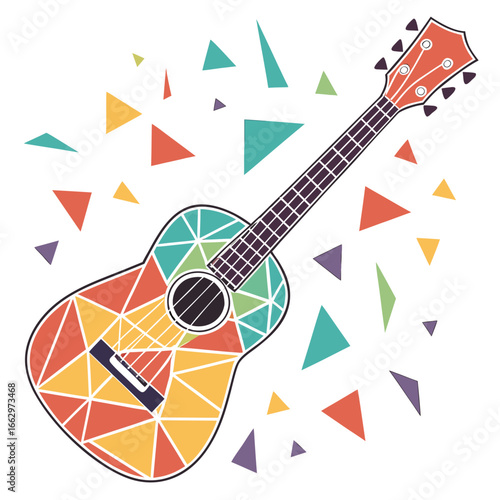 Vibrant geometric ukulele illustration with scattered colorful triangles on white background