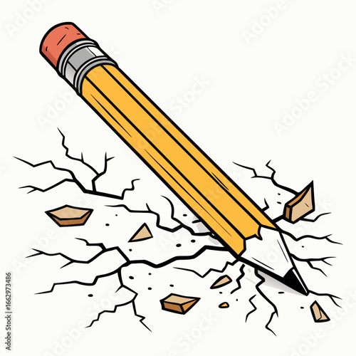 Yellow pencil breaking through a cracked surface with fragments flying in a cartoon style