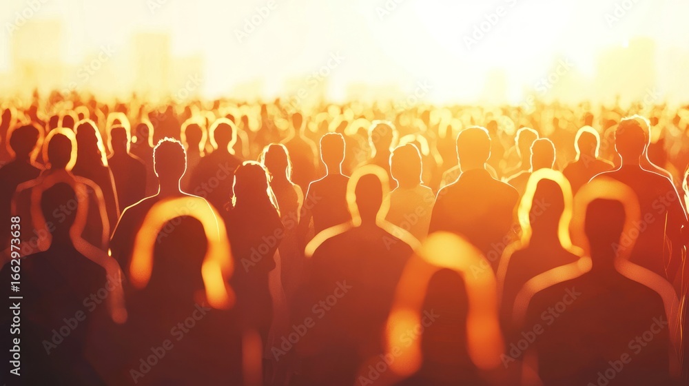 Fototapeta premium A large crowd of people standing in a field at sunset.