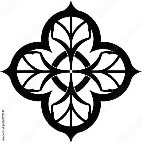 Abstract black and white floral quatrefoil design, symmetrical, intricate, ornate pattern.