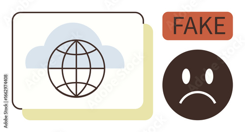 Globe symbol in overlapping cards under a cloud, next to Fake label and frowning face. Ideal for digital honesty, online fraud, misinformation, cybersecurity, fake content, ethical data use, simple