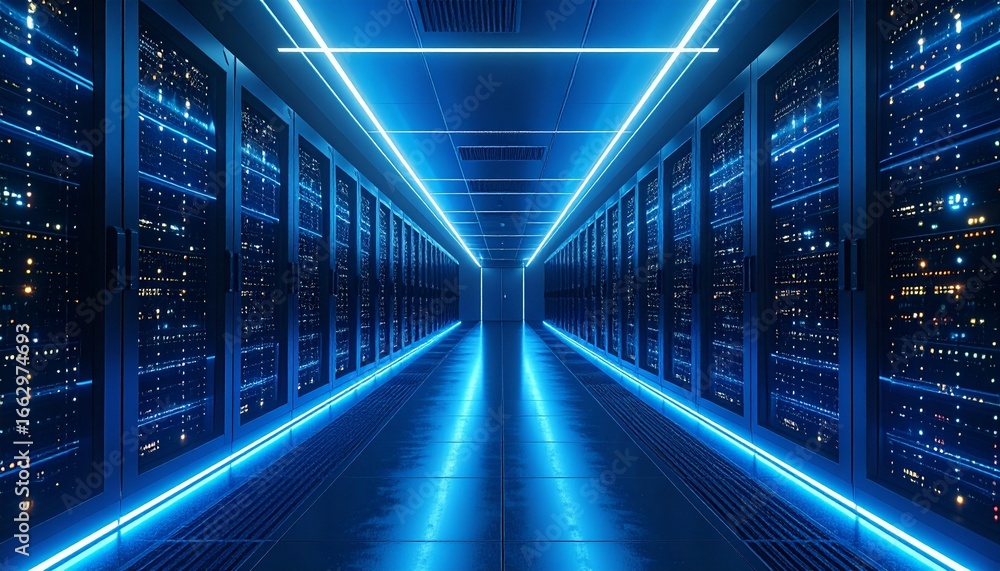 Obraz premium A futuristic data center glowing with blue server racks, symbolizing advanced AI processing power in high detail.