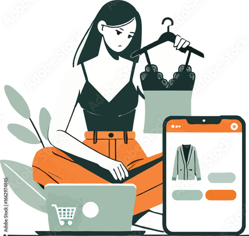 Woman Online Shopping Clothes Laptop Phone Orange Pants