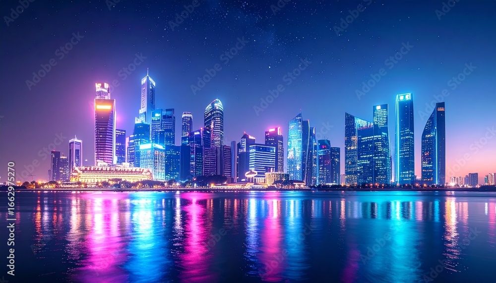 Fototapeta premium A sleek metallic skyline with glowing geometric towers under a crystal-clear night sky, illuminated by soft neon reflections on water.