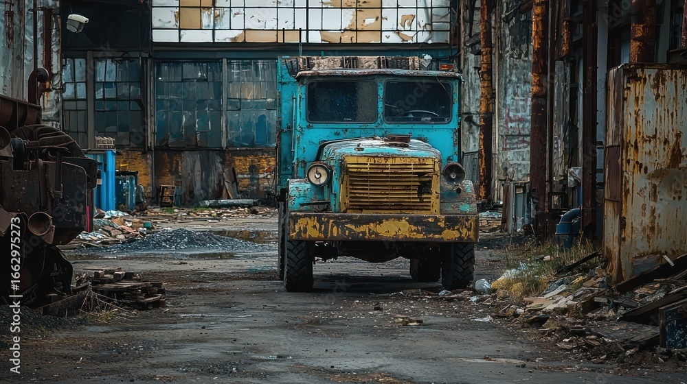 Fototapeta premium An old, rusted blue truck in a dilapidated industrial setting with a yellow grill and black tires.