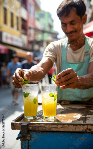 Smiling street vendor prepares refreshing mint infused yellow beverages in glasses on a sunny bustling city street