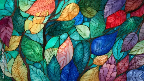 Vibrant multicolored leaves and foliage create an abstract decorative nature background with a lush tropical feel and rich diversity of colors and textures