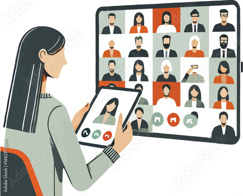 Woman Participating in Online Video Conference Multiple Participants Tablet Screen