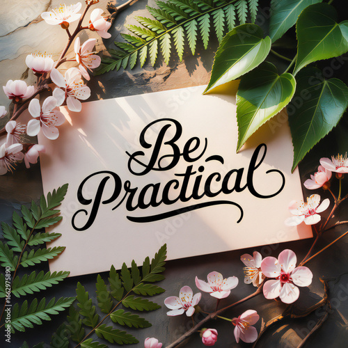 Inspirational handwritten calligraphy quote be practical surrounded by delicate pink blossoms and lush green foliage on a rustic background