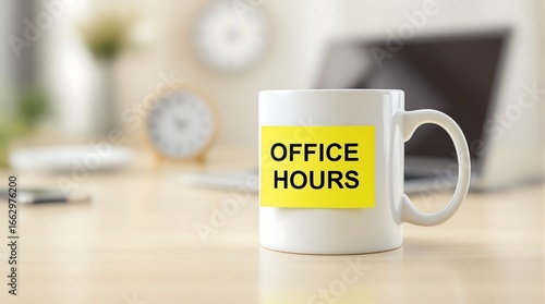 Office hours concept: coffee mug with sticky note on desk with laptop and clock background