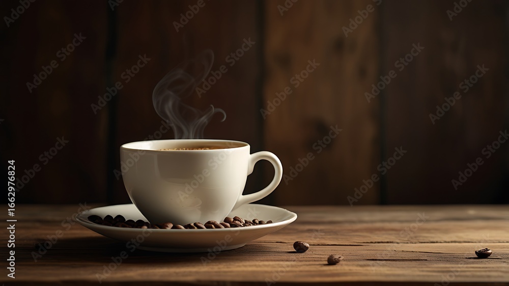 Fototapeta premium Steaming coffee in white cup on wooden table