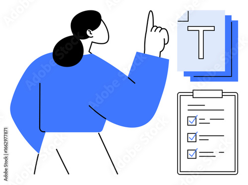 Woman gesturing toward stack of text file icons, checklist with marked items. Ideal for organization, productivity, workflow, documentation, task management, goal tracking, simple landing page