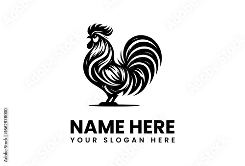 Bold Black Rooster Logo with Detailed Feather and Tail Design.