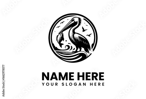 Detailed Black and White Pelican Catching Fish in Circular Emblem Design.