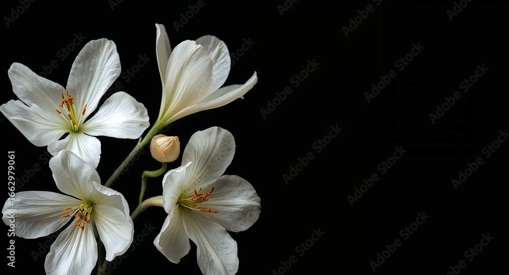 Fototapeta premium White Lily Flowers on Black Background, CloseUp Botanical Shot, Elegant Bloom.