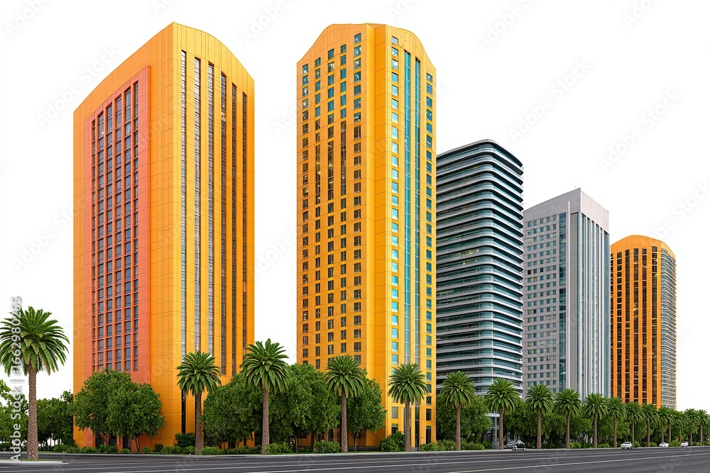 Fototapeta premium Modern architectural ensemble featuring vibrant orange skyscrapers and sleek buildings alongside palm trees creating a lively urban landscape with a bright summery vibe that exudes contemporary