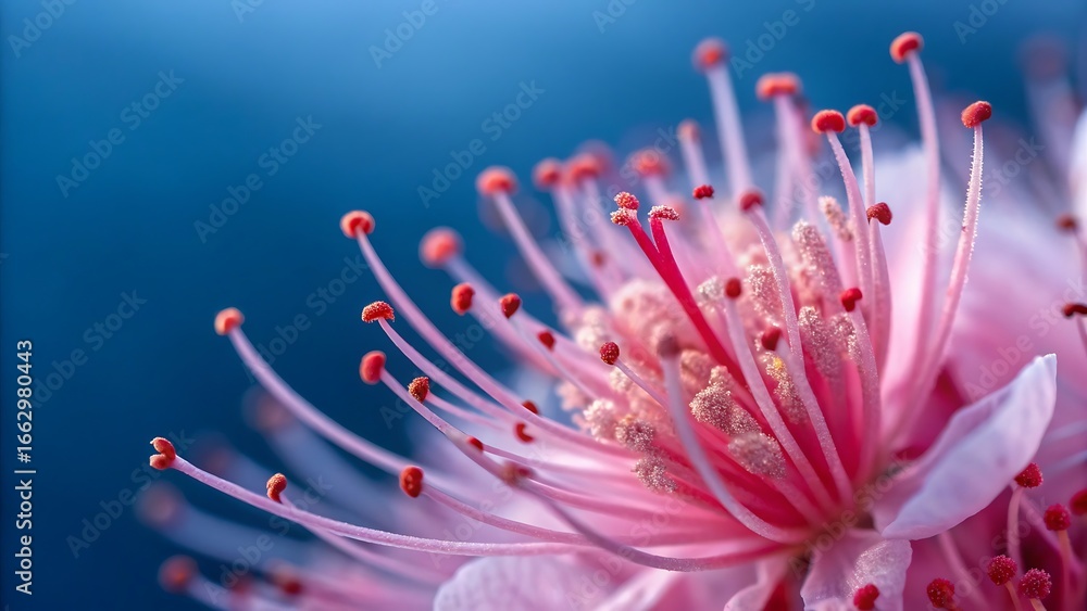 Naklejka premium An extreme close-up macro photograph of a blossoming pink flower, highlighting the delicate filaments and anthers against a striking deep blue background