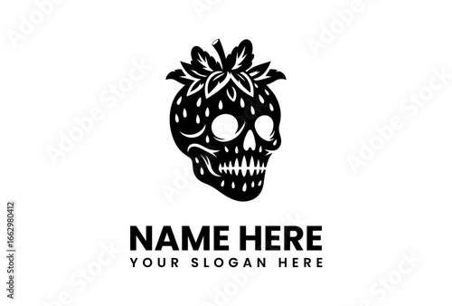Stylized Skull Shaped Like a Strawberry with Leafy Crown in Black and White.