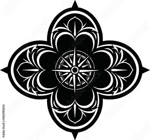 Ornate black and white compass rose design, symmetrical floral motif, navigational symbol.