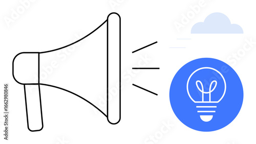 Megaphone amplifying towards a glowing lightbulb in a blue circle, symbolizing innovation, creativity, communication, marketing, startups, problem-solving, education, and a simple landing page