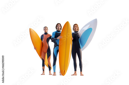 Energetic surfers pose with colorful boards on vibrant beach background for summer sports spirit on transparent background