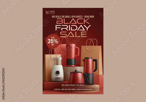 Black Friday Sale Flyer with Kitchen Appliances and Shopping Bags for Retail and Home Essentials Promotion, Editable Design.