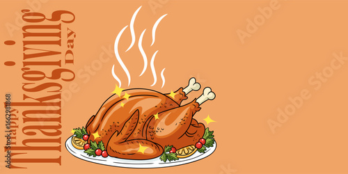 freshly cooked, steaming roast turkey on a platter, ready for a festive Thanksgiving dinner.